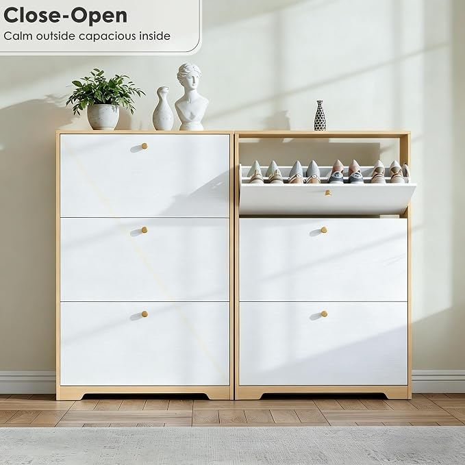 Nicetree Shoe Storage Cabinet with 3 Flip Drawers, Natural Oak and White | Narrow Shoe Organizer, Freestanding Shoe Rack Cabinet, Modern Shoe Storage Cabinet for Entryway, Hallway, Foyer, With Hook