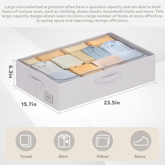 CYhom 3Pcs Under Bed Storage Bins with Metal Frame - Shoe Organizer for Closet with Clear Cover Oxford Fabric Sturdy Underbed Container Foldable Stackable Clothes Organizer (Grey, 23.5x15.7x6.3)