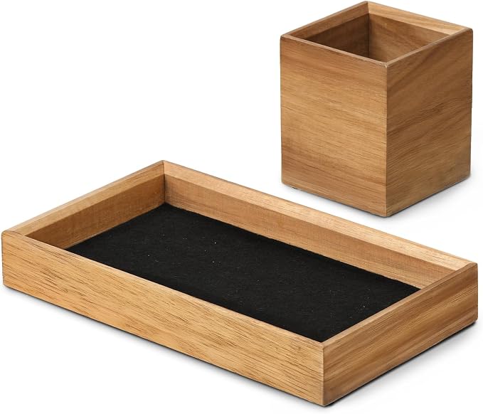 HULISEN Wooden Desk Organizer Tray, Pencil Holder with Felt Lining | Non-Slip Desk Tray Set, Pen Storage Compartment, Space-Saving Design, Desktop Accessory for Room Office & Workspace