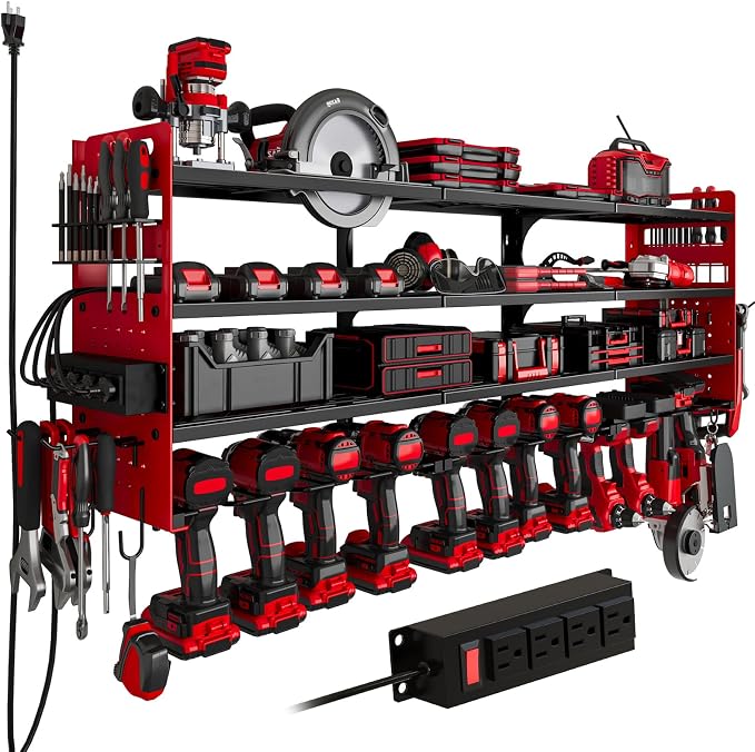 Power Tool Organizer Wall Mount, 12-Drill 4-Tier Charging Station, Red | Heavy-duty 4-Tier Metal Rack Stores 12 Drills; Side Pegboards and Screwdriver Slots Add Storage, Plus a 4-Outlet Power Strip