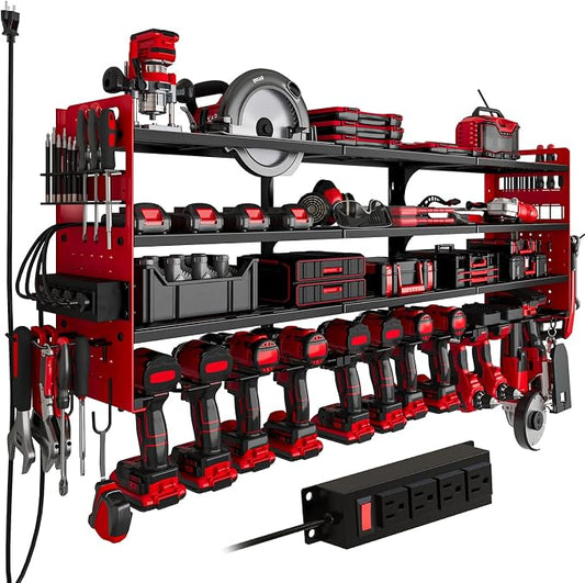 Power Tool Organizer Wall Mount, 12-Drill 4-Tier Charging Station, Red | Heavy-duty 4-Tier Metal Rack Stores 12 Drills; Side Pegboards and Screwdriver Slots Add Storage, Plus a 4-Outlet Power Strip