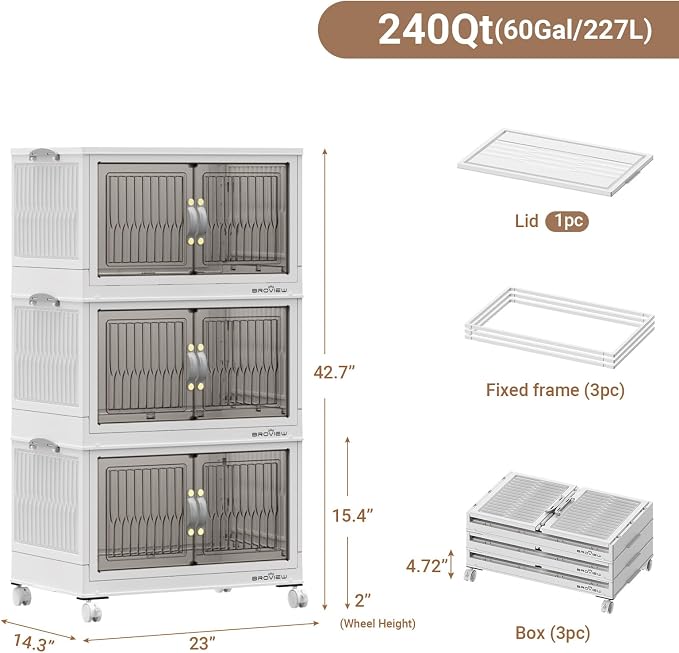 BROVIEW 240 Qt Stackable Storage Bins with Lid, Plastic Closet Organizers and Storage Drawer, Collapsible Storage Box with Wheels, Folding Storage Cabinet for Closet Clothes Organization, 3Pack White