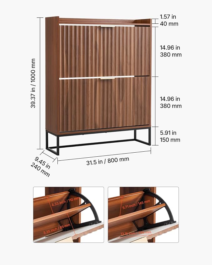 VEVOR Shoe Cabinet with 2 Flip Drawers, Mid-Century Shoes Storage Cabinet with Anti-Tipping Device, Freestanding Fluted Shoe Organizer, Ideal for Entrance, Hallway, Bedroom, Living Room, Walnut