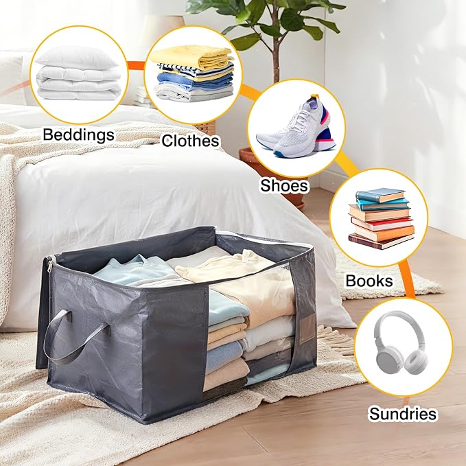 Blanket Storage Bags 6 Pack 60L Clothes Closet Organizer Containers PE | High-Strength PE, Reinforced Handle, Dual-Slider Zipper, Clear Window and Label Pocket, Ventilated Foldable Design