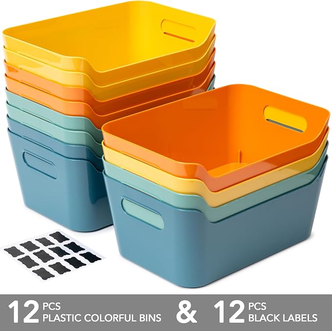 Tiawudi 12 Pack 4.5L Storage Bins, Plastic Storage Baskets for Home Classroom Organization, Multi-Use Organizer Bins for Cabinet, Pantry, Drawer, Closet, Countertop or Shelves, Colorful Containers