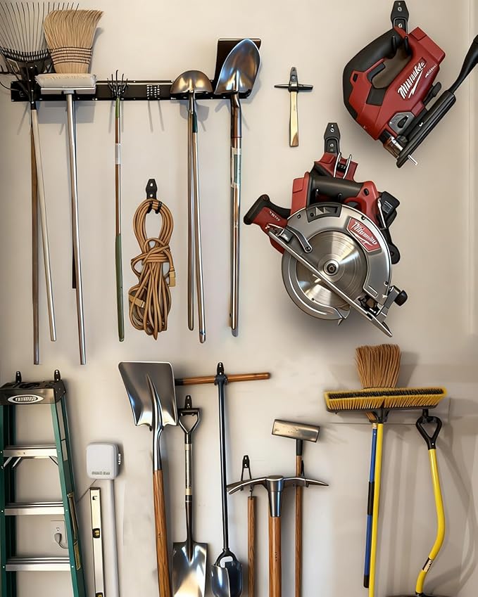 PIYILO Garden Tool Organizer 48 inches with 18 Garage Wall Hooks in 9 Types | Thick Alloy Steel, Adjustable Hooks, Wear & Tear Resistant, Soft Anti-Scratch Hook Sleeves, For Yard Tools, Shovels, Shed