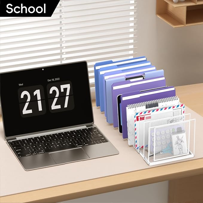 File Organizer for Desk, 11-Section Vertical File Sorter, Paper Holder Organizer Standing Metal File Folder for Office Home Classroom, White