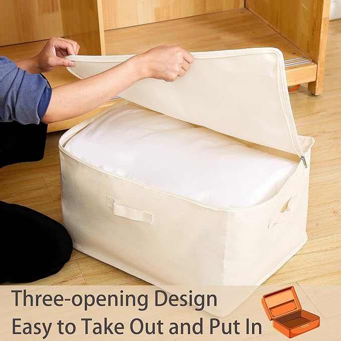 6 Pack Canvas Comforter & Blanket Storage Bags with Clear Window, Beige | Large Capacity, Cotton Linen Fabric, Reinforced Handles, Foldable Design for King Comforters, Clothes and Blankets Storage