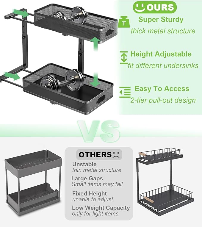 Under Sink Organizer 2 Pack, High Adjustable 2 Tier Under Sink Organizers and Storage, Slide out Metal Cabinet Organizers, Pull out Storage Drawer Shelf for Kitchen Bathroom Cabinet (Black)