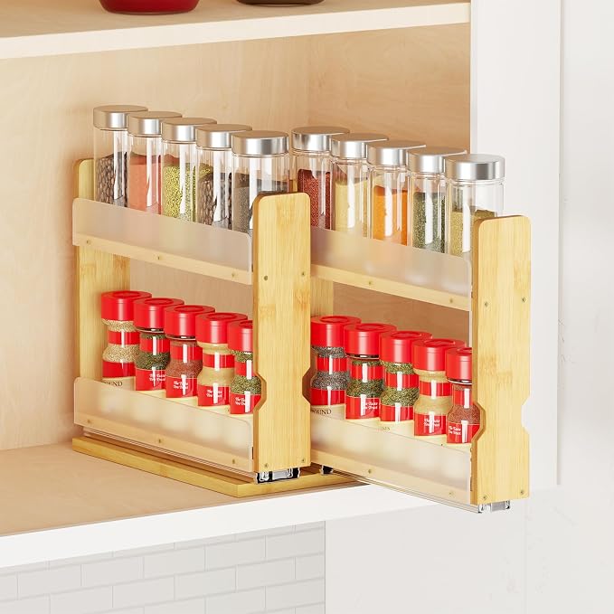 SpaceAid Bamboo Pull Out Spice Rack Organizer for Cabinet, Heavy Duty Slide Out Seasoning Kitchen Pantry Sliding Vertical Organization, 5.1" Wide, 2 Drawers(2" Wide), 2-Tier, Natural