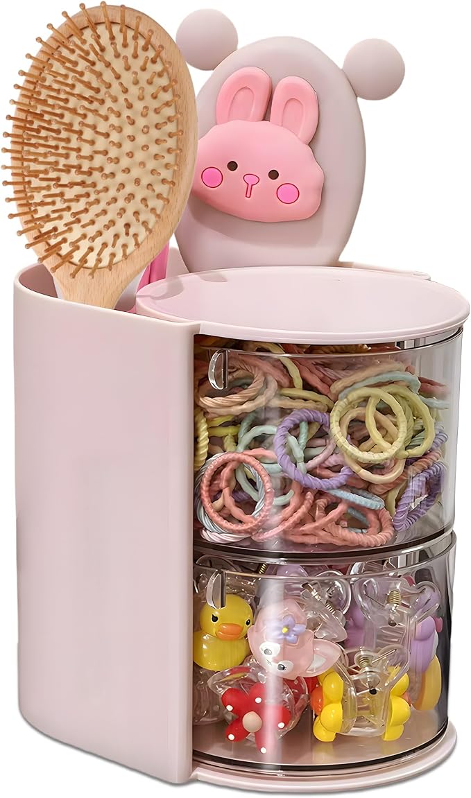 Azurphoric Hair Accessories Organizer with Hair Brush Holder(Pink, 2-Layer) | Rotatable Makeup Brush Holder for Necklaces, Earring, Bracelet, Ring, Makeup Brushes, Hair Clip and Hair Accessories