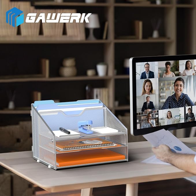 GAWERK Letter Tray Organizer, Mesh Desk File Organizer with 3 Paper Trays and 2 Vertical Upright Section (Silver)
