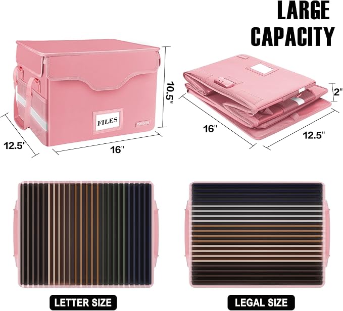 DocSafe Fireproof Document Box with Lock,File Storage Organizer with Pockets,Collapsible Portable File Box Home Office Safe Filing Cabinet with Handle for Hanging Letter/Legal Folders,Pink,2 Pack
