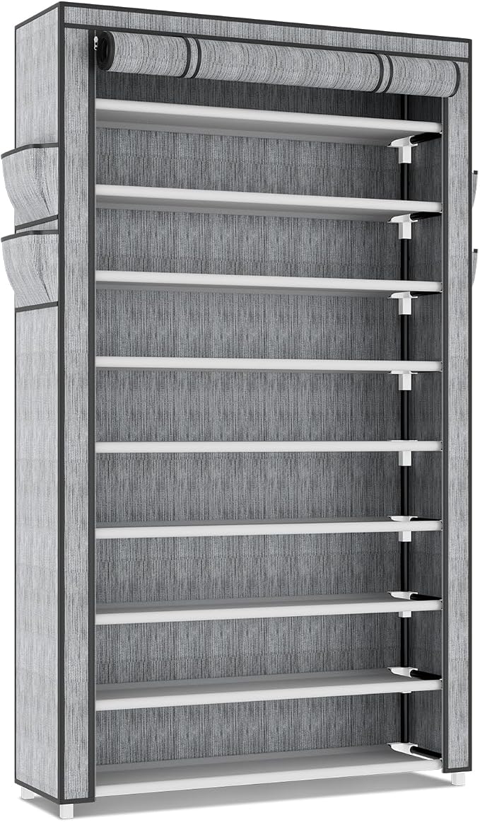 LANTEFUL Shoe Rack with Covers 10 Tier Tall Shoe Rack Organizer Large Capacity Shoe Shelf Storage 40 Pairs Space Saving Free Standing Shoe Storage Organizer for Closet, Entryway, Dorm, Printing
