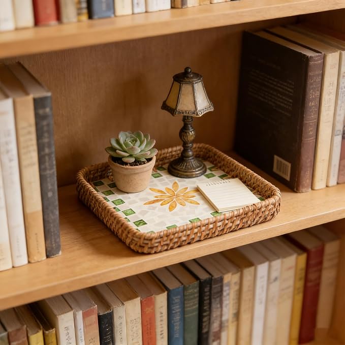 Square Rattan Decorative Tray with Mother of Pearl Inlay, 8.3" | Small 8.3 Inch Handwoven Wicker Tray with Mother of Pearl Base for Coffee Table Kitchen Bathroom Boho Farmhouse Decor Gift