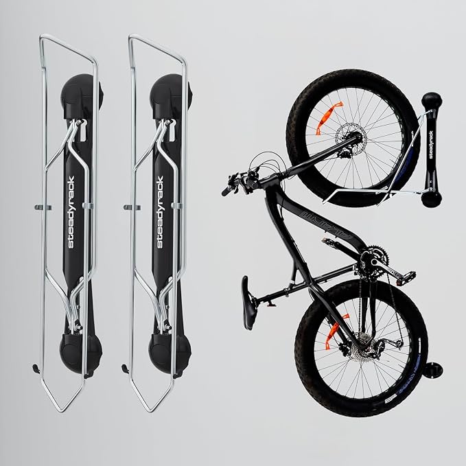 Steadyrack Fat Bike Wall Mount, Vertical Storage for 2.8 to 4.5 in Tires | Holds fat bikes and fat e-bikes without fenders. Roll-in, no lifting, folds flat, chrome-plated steel for garage use.