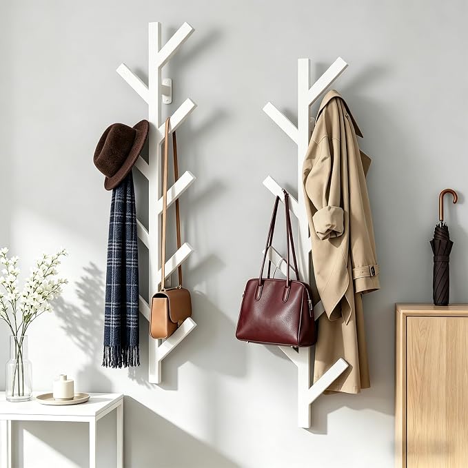 Vlush 2Pack Wall Mounted Coat Rack - 9 Hooks, Modern Metal Design, for Hats, Coats and Bags - Suitable for Entryways and Bedrooms - White (37.9" Height)