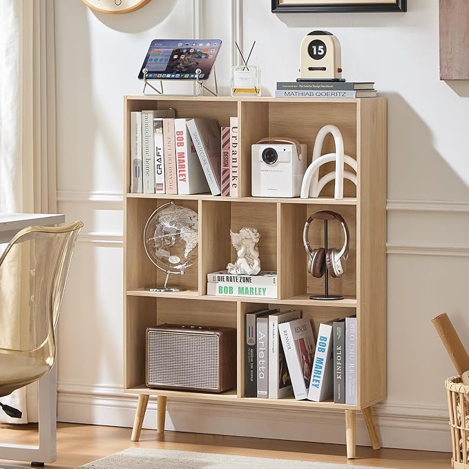 LEYAOYAO Cube Bookshelf, Mid-Century Modern Book Shelf with Legs,Light Wood | 3 Tier Bookcase, Rustic Wood Bookshelves Freestanding Small Storage Organizer, Open Shelves for Bedroom, Living Room, Office
