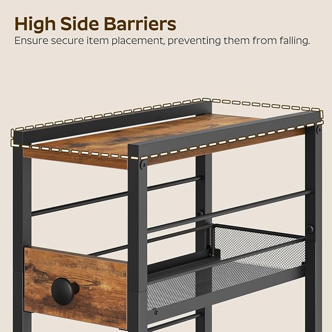 Spice Rack, 3-Tier Pull Out Spice Rack Organizer for Countertop, Narrow Kitchen Countertop Storage Shelf with 2 Drawers, for Kitchen, Cafe, Rustic Brown and Black SR02BR