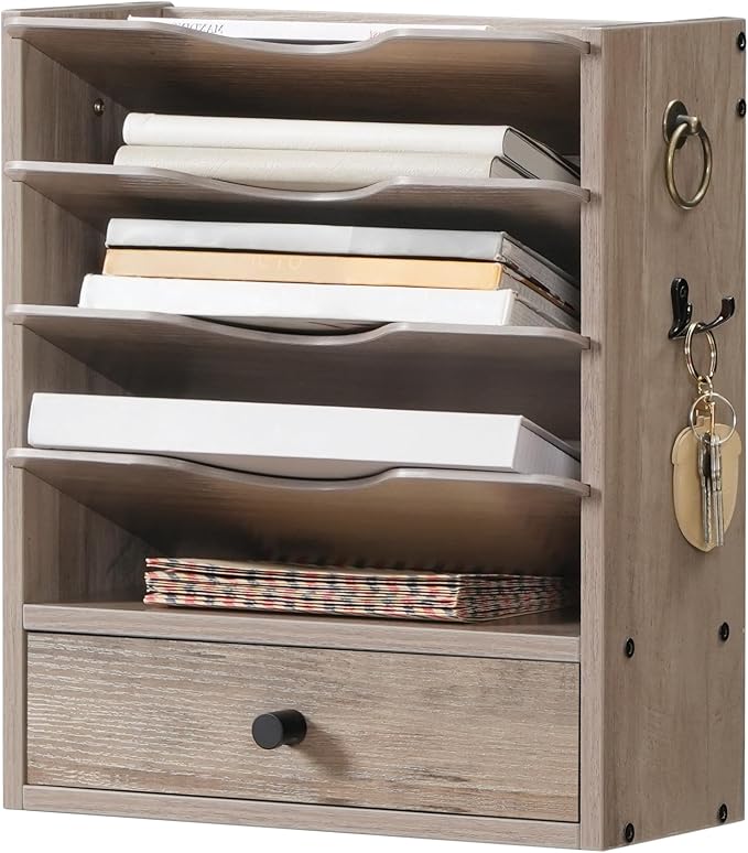 HOOBRO Wall File Organizer, Mail Organizer Wall Mounted, Wooden Mail Sorter, Construction Paper Holder with Drawer Storage and 2 Hooks, for Office, Classroom, Home, Greige BG14WF01