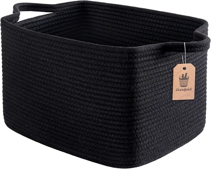 Goodpick Cotton Rope Storage Basket for Shelves, 13" x 10" x 9", Black | Gift Basket for Books, Toys & Towels Storage, Living Room & Bedroom Organization, Built-In Handles, Stylish Home Decor