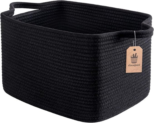 Goodpick Cotton Rope Storage Basket for Shelves, 13" x 10" x 9", Black | Gift Basket for Books, Toys & Towels Storage, Living Room & Bedroom Organization, Built-In Handles, Stylish Home Decor