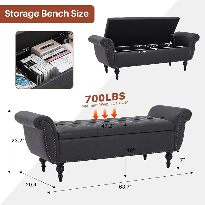 Storage Ottoman Bench, 64" Faux Leather End of Bed Bench, Black | Tufted Button Window Bench with Safety Hinge Hidden Storage Space Faux Leather Ottoman Bench for Bedroom Living Room Entryway
