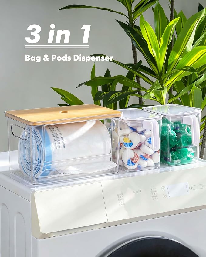 iCASA 3 in 1 Trash Bag and Dishwasher Pod Organizer Garbage Bags Dispenser | Large Acrylic Trash Bag Holder with Bamboo Lid, with 2 Pack Laundry Detergent Pods Container, Under Kitchen Sink Organizer