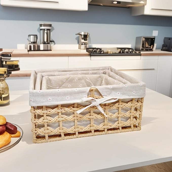 GIB Small Wicker Woven Storage Baskets for Organizng with Liners, Set of 3 | Braided Paper Rope, Decorative Cute Baskets for Gifts, Storage Bins for Shelves, Pantry, Bathroom Organizers, Bedroom Decor