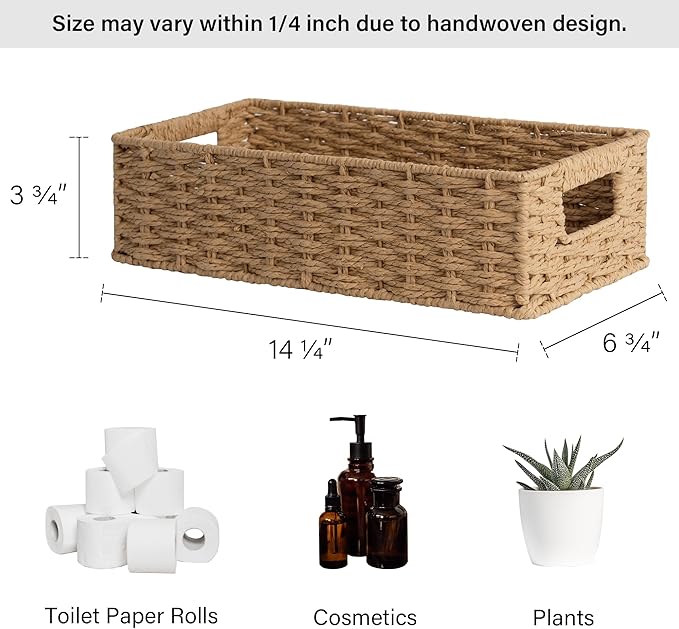 StorageWorks Toilet Paper Storage Baskets for Bathroom Decor, Light Brown | Paper Rope Toilet Top Basket with Built-in Handles, Rectangle Toilets Storage Basket for Tank Topper, 1 Pack