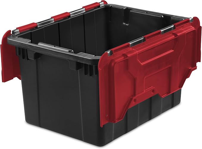 Sterilite 12 Gal Hinged Lid Industrial Tote, Stackable Storage Bin with Hinge Lid, Plastic Container to Organize Basement, Black with Red Lid, 6-Pack | Heavy-Duty and Stackable Utility Box Containers for Home, Office, and Basement Organization, Black/Red
