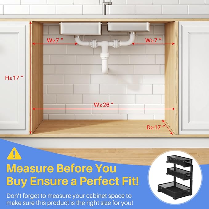 Under Sink Organizer, 3-Tier Thickened Metal Pull out Cabinet Organizer Shelf, Height Adjustable Slide out Storage Drawer Rack for Kitchen Bathroom Pantry Laundry Home Organization, 2-Pack, Black | 35% More Storage Capacity, Carbon Steel, Hold Up 55lbs...