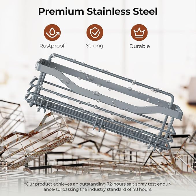 Orimade Shower Caddy Basket Shelf Storage Rack, No Drilling Wall Mounted Adhesive Rust Resistant Stainless Steel Shower Organizer with 5 Hooks for Bathroom, Light Blue Grey 2 Pack
