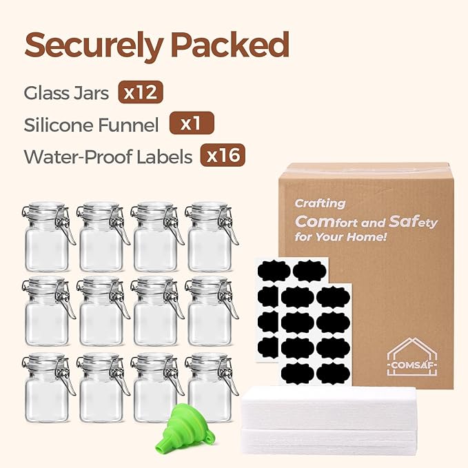 ComSaf Square Small Glass Spice Jars with Airtight Lids 4 oz 12 Pack Pantry | Honey herbs, Farmhouse pantry organization, Mini favor jars, Labels included, Funnel included, Kitchen storage, Snacks