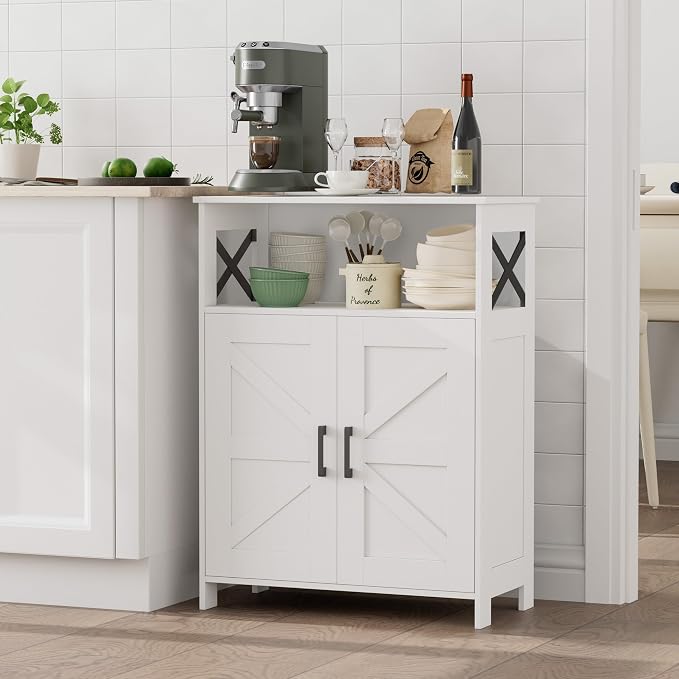 Homhedy Farmhouse Bathroom Storage Cabinet with Doors, Small Floor Cabinet | Toilet Paper Cabinet with Adjustable Shelf, Freestanding Storage Cabinet for Kitchen/Laundry/Living Room, 24"W, White