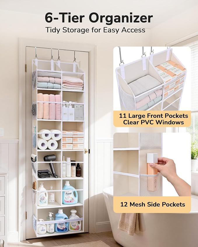 ULG Over the Door Organizer, 6-Tier Hanging Storage with Clear Windows, 19 Pockets for Closet,Bathroom & Nursery Door Organizer