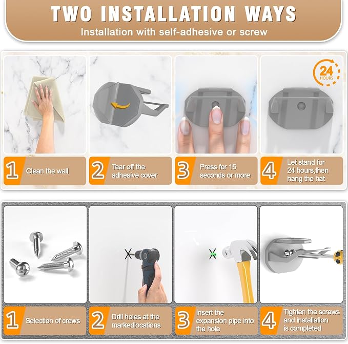 Niunuerga 48 Pack Adhesive Hat Hooks for Wall, Super Strong Hat Rack for Baseball Caps, Minimalist Hat Organizer Display for Home Decor, Hat Hangers Holder for Wall, Door, Closet, No Drilling (Gray)