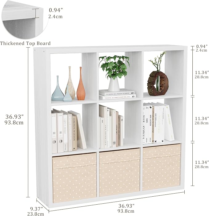 VDNEND Cube Storage Organizer Bookcase, Decorative 11 inch Open Back Cubical Shelf with Thickened Border, Display Bookshelf for Living Room, Home Office, Sturdy Room (White, 9 Cube)