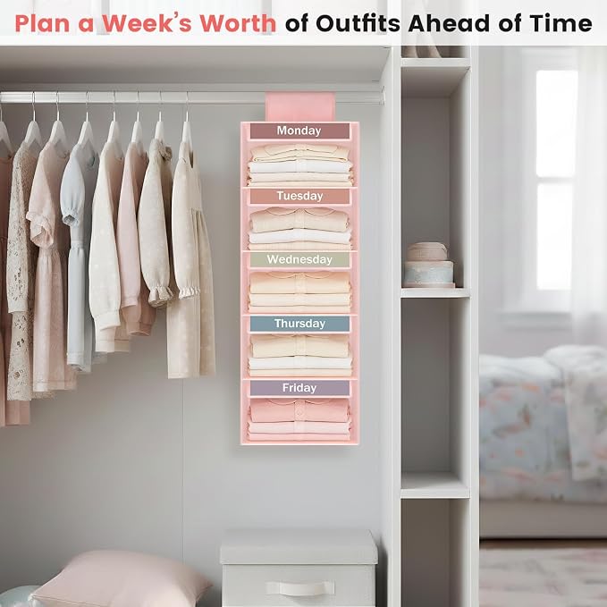 Weekly Clothes Organizer for Kids, 5-Shelf Kid Hanging Closet Organizer w/ 6 Side Pockets, Labeled Weekly Outfit Organizer for Kids, Days of The Week Clothes Organizer Monday Through Friday Pink