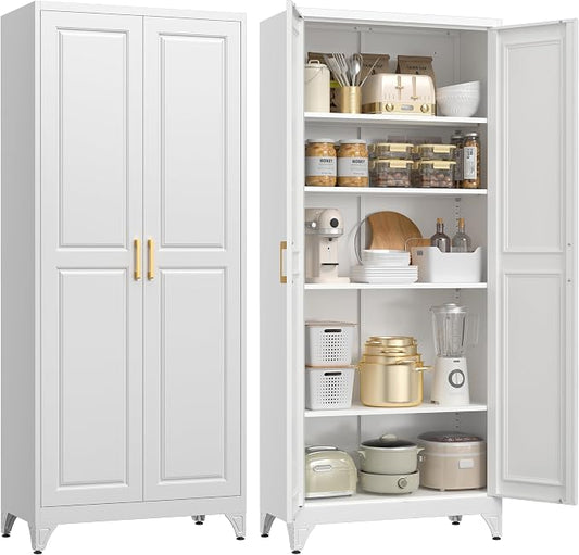 UNICOLY 75" Kitchen Pantry Cabinet,Metal Tall Storage Cabinet with Doors | Kitchen Storage Cabinets with 4 Shelves,Pantry Storage for Kitchens, Living Room, Dinning Room, Assembly Required, White