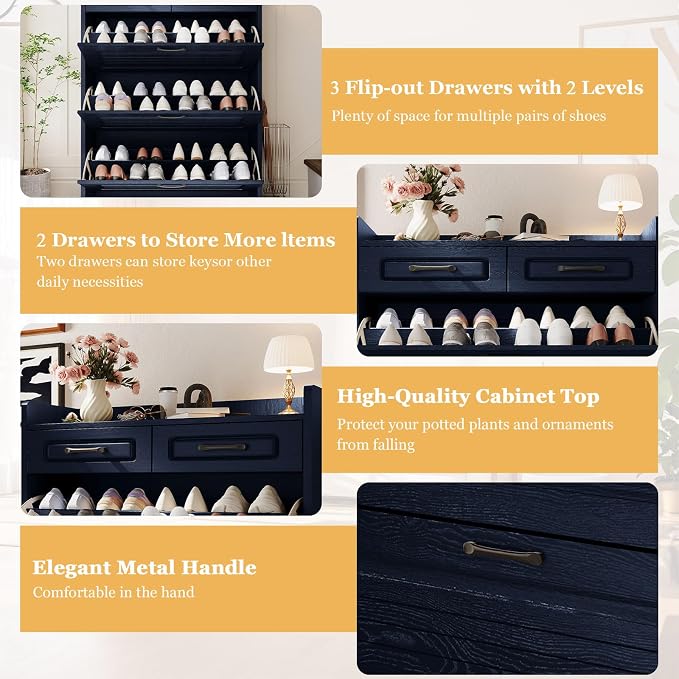 ODUWA Shoe Cabinet with 3 Flip Drawers and 2 Storage Drawers, Shoes Organizer Cabinets with Adjustable Divider, Hidden Shoe Storage Cabinet for Entryway, Hallway, Living Room, Blue