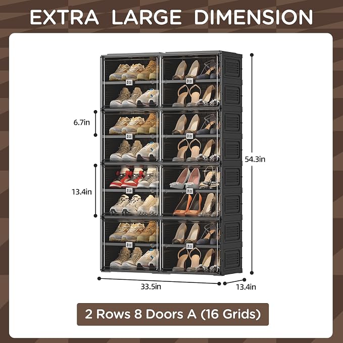 Black Shoe Rack Organizer Cabinet for Closet Entryway,Clear Shoe Storage Boxes Stackable Sneaker Storage with Door Easy Assembly Shoe Cabinet with Lids Large 8 Tiers 32 Pairs