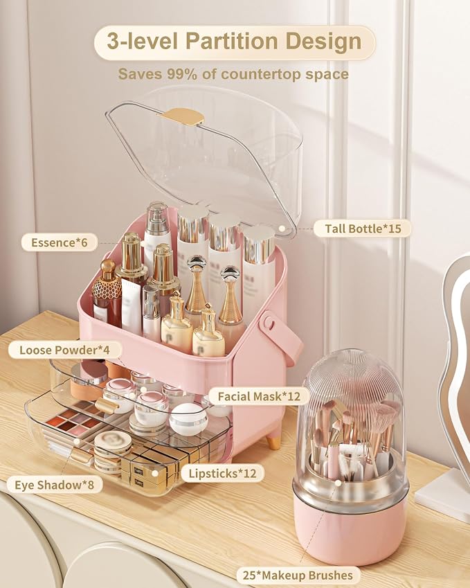Makeup Organizer Countertop, Skincare Holder Bathroom Counter Organizer, Storage Box Cosmetic Display Cases, Teen Girl Gifts Make up Organizers (Pink/Brush)