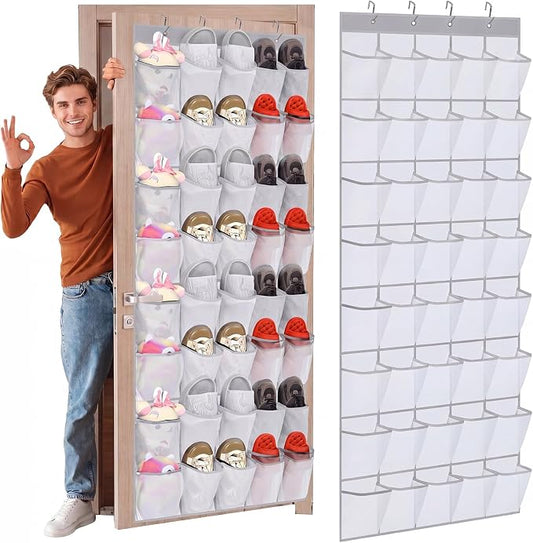 Windyun 1 Pcs 40 Pocket Over the Door Shoe Organizer Hang, Gray and White | Large Breathable Mesh Hanging Shoe Rack, Space Saving Shoe Holder for Closet Dorm Bedroom Entryway Storage, Behind Design
