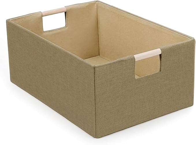 Foldable Fabric Storage Basket for Shelves, Linen Decorative Storage Bin with Wooden Handles, Small Organizer Cube for Closet, Rectangle Canvas Box for Organizing, Decor, 15x10.6x6 Inches (Brown)