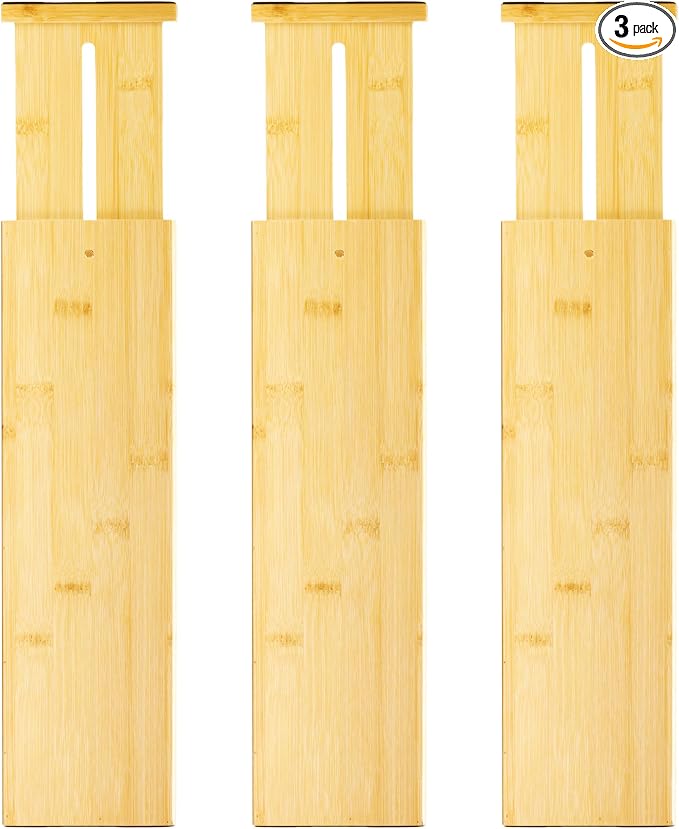 VaeFae 3 Pack Bamboo Drawer Dividers, 4" High Adjustable 16.6" - 21.8" Clothes Drawer Organizers, Expandable Separators for Bedroom/Bathroom/Kitchen/Office Storage