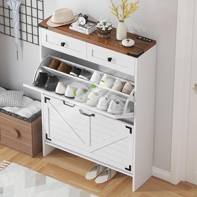 Shoe Cabinet with 2 Flip Drawers and Deodorizing Function, Hidden Shoe Storage Cabinet with 2 Pull-out Drawers, Farmhouse Shoe Organizer for Entryway, Narrow Shoe Rack for Front Door Entrance, White
