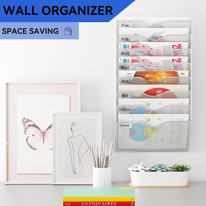 8 Pockets Mesh Hanging Wall File Holder Organizer Wall Mounted Paper Magazine Rack, Silver