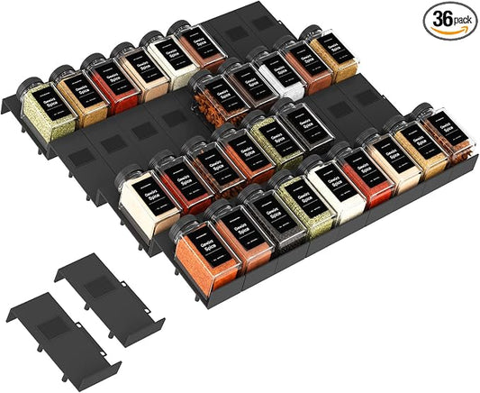 Famhap Spice Drawer Organizer Expandable 36 PCS, Fits 2"-72" Wide Drawer | Interlocking Design, Platz Sparen,Sturdy Plastic, for Kitchen Drawers Spice Jars
