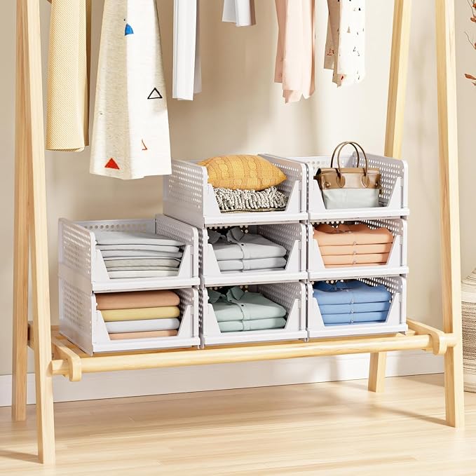 caktraie 8 Pack Stackable Closet Storage Basket - Stackable Storage Bins | Multifunctional & Foldable Closet Organizer Waterproof, Wardrobe Cupboard Space-Saving Storage Drawer Organizer